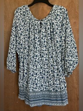 Chaps Flowy BoHo Floral Top Blue White Round Split Keyhole Neck 100% Cotton 3XL